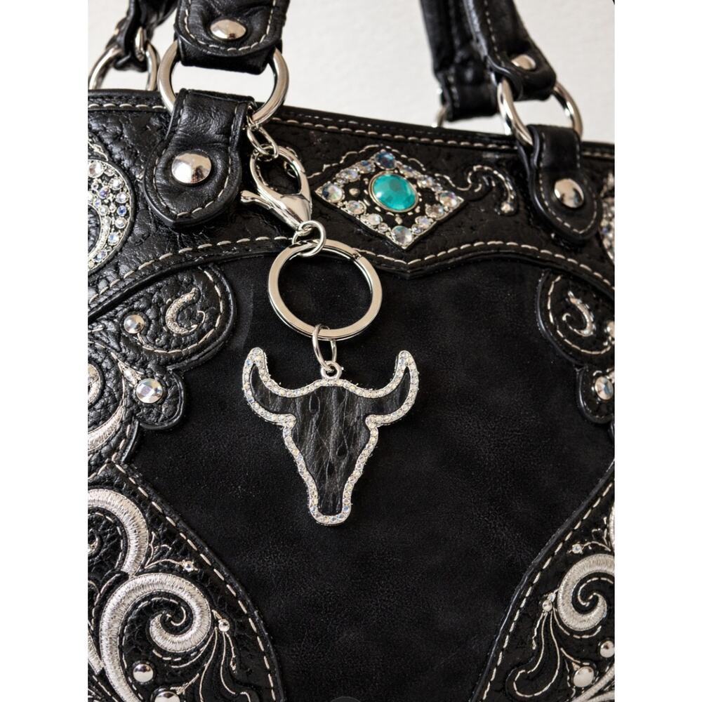 Silver Bullhead Textured Rhinestone Key Chain Bag Charm